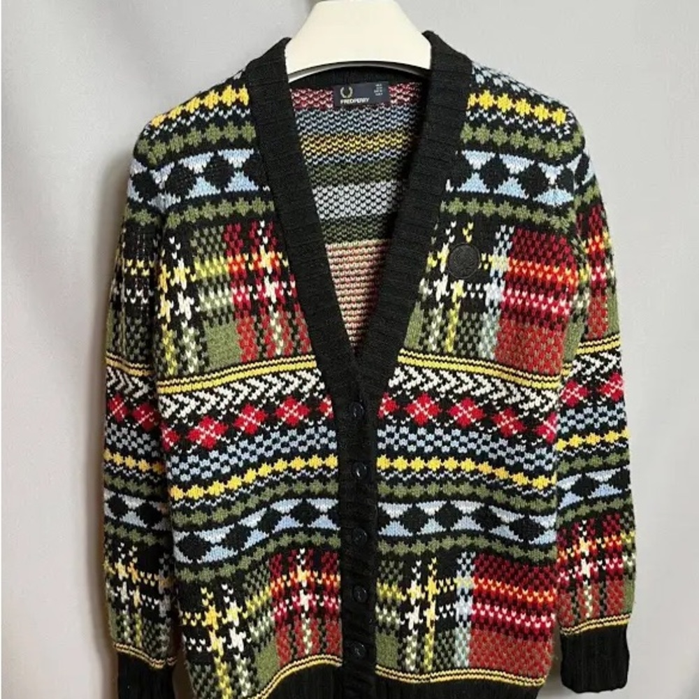 NWOT FRED PERRY Wool Fair Isle Plaid Argyle Cardigan Sweater